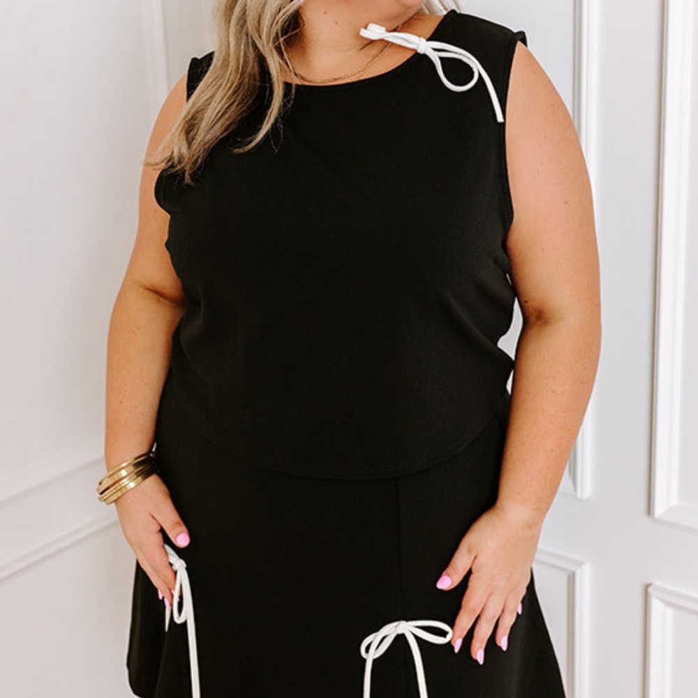Impressions Black Crop Top with White Ribbon Detail